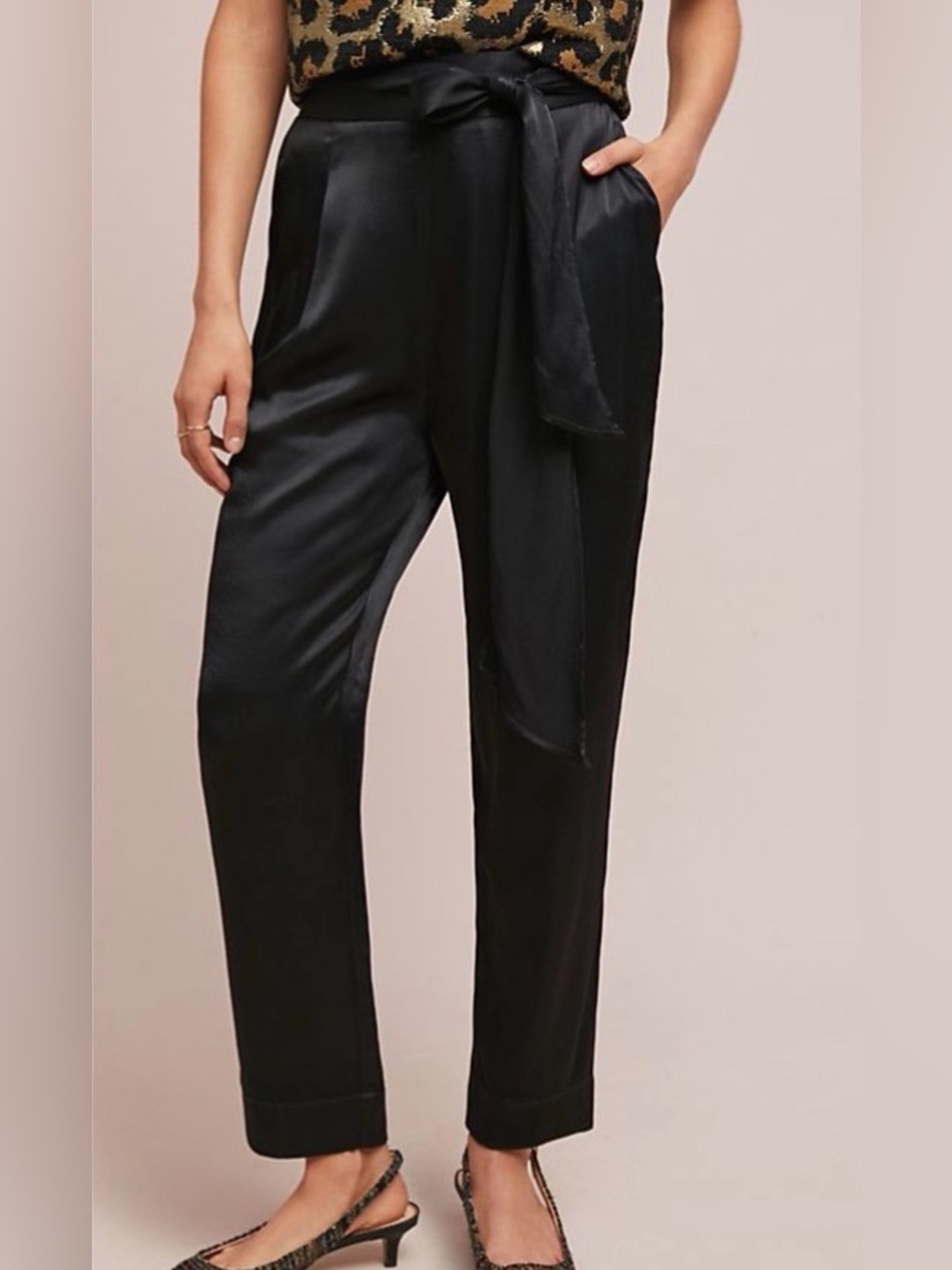 Anthropologie Black Satin Tie-Front Trousers